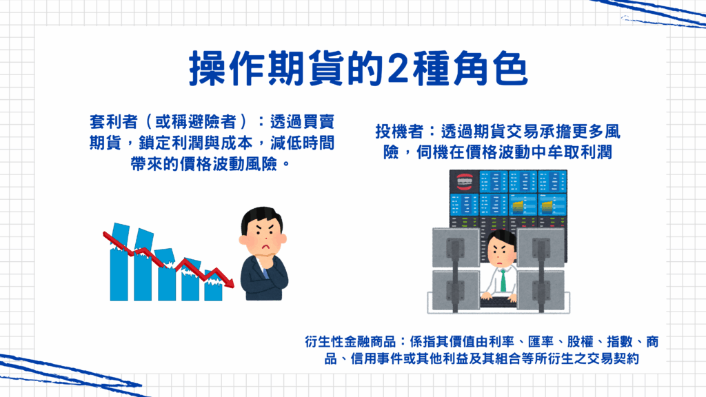 講完期貨的商品，接下來跟大家說明一下操作期貨的二種角色！

➤避險者：假設我持有某檔股票，然後我認為某年會開始走入熊市，但我長期還是看好這檔股票，那麼我就可以去放空同一檔股票的股票期貨，這樣我就可以暫時避開股市這邊的虧損

➤投機者：我並沒有持有某檔股票或商品，只是因為我觀察到川普上任的新政策上路，所以我認為原油會跌，所以我去放空原油期貨獲取利潤
