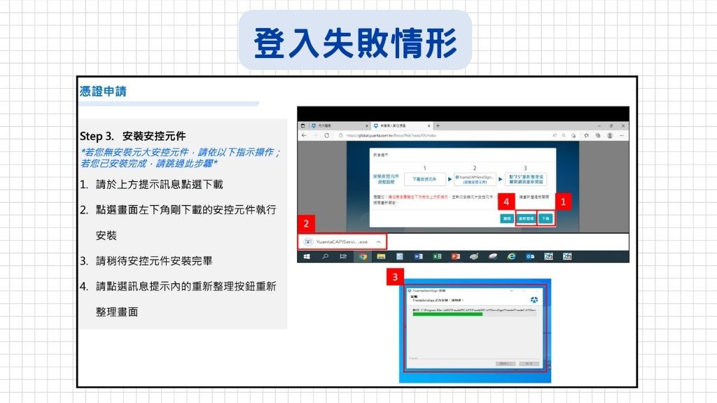 如果跳出『未安裝元大安控元件』就代表剛剛最上面的第一步驟失敗了,請再次確認是否安裝成功!