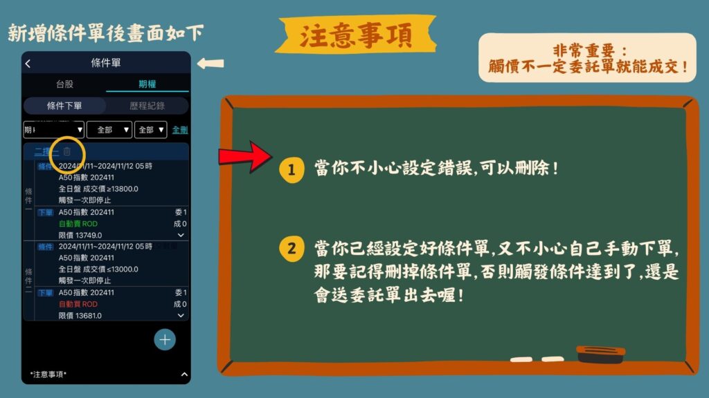 如果在設定條件單時有其中一個地方想要修改,必須整個條件單刪除再重新設定喔!
再來很重要提醒大家,如果已經設定好條件單,要檢查一下『委成回』,確認自己是不是已經有下委託單了,避免重複!
