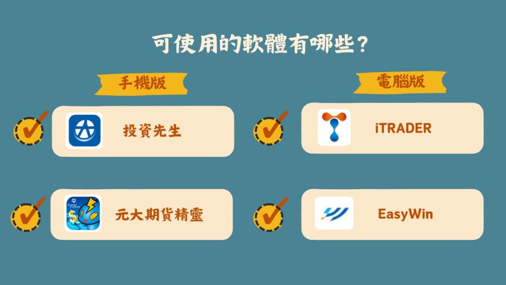 目前可以使用元大條件單的軟體如下:
手機版:投資先生(推薦使用)、元大期貨精靈
電腦版:iTRADER交易達人(推薦使用)、EasyWin