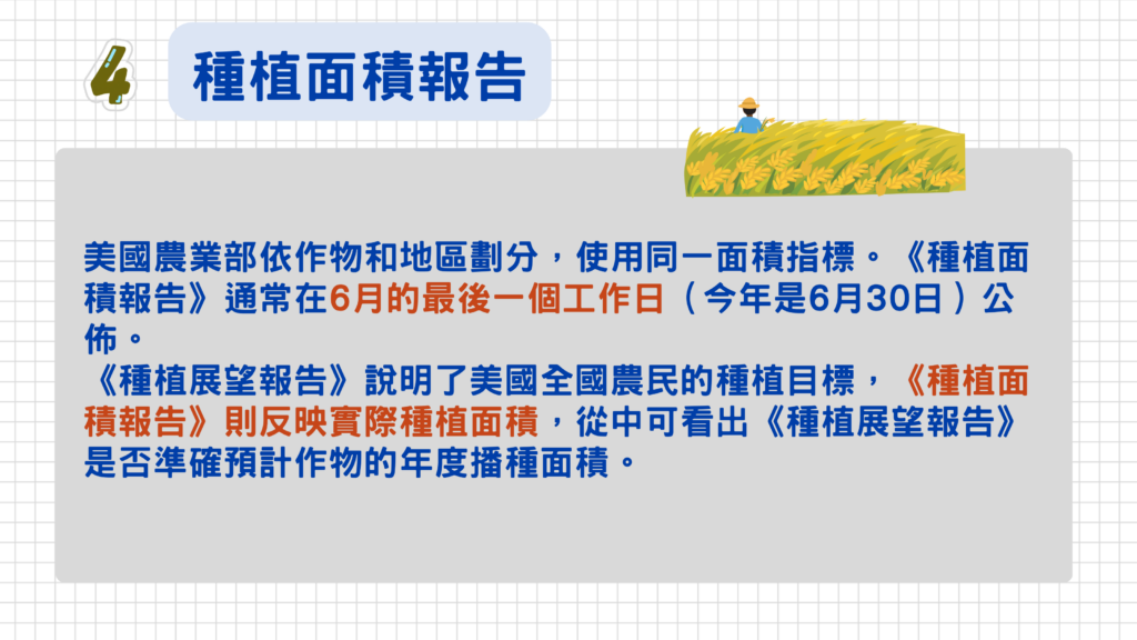 四、種植面積報告
跟『種植展望報告』不一樣的地方是,這個『種植面積報告』是反映實際種植面積,而『種植展望報告』是說明了美國全國農民的種植目標!
這是一年中最重要的報告,因為它提供了對即將到來的收穫季節的最終種植面積的第一份真實估計。這一點意義重大,因為一種作物一百萬英畝的面積變化,相當於全國產量每英畝2蒲式耳的變化。該報告還包括對庫存剩餘舊作供應量的估計,以及對即將到來新季結轉的預期。
點此看>>種植面積報告
發布時間:每年6月最後一個工作日