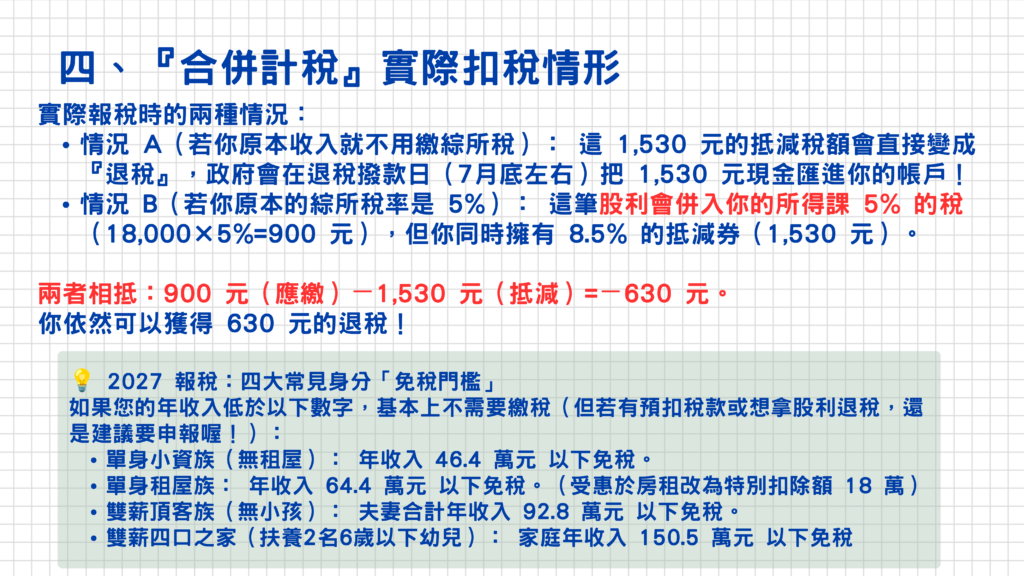 下面有幫大家整理一下『合併計稅』的實際扣稅情形&免稅門檻,大家可以參考看看!