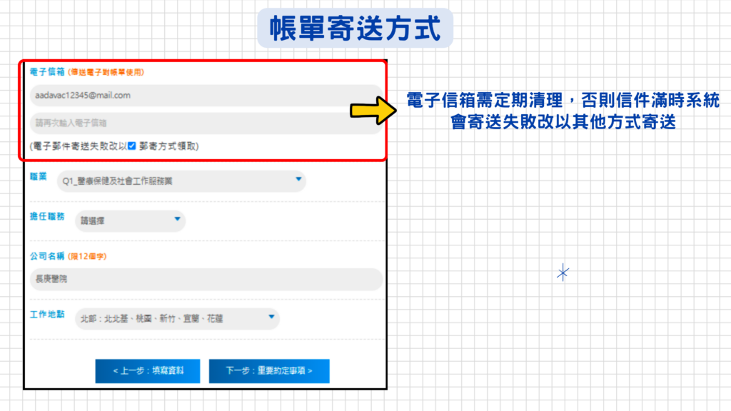 因為帳單都是用電子信箱寄送的,所以一定要再三確認電子信箱是否有誤喔!另外還要注意如果信箱滿時系統會辨識寄送失敗,則會改以其他方式寄送帳單,請記得要定期清理信箱!
