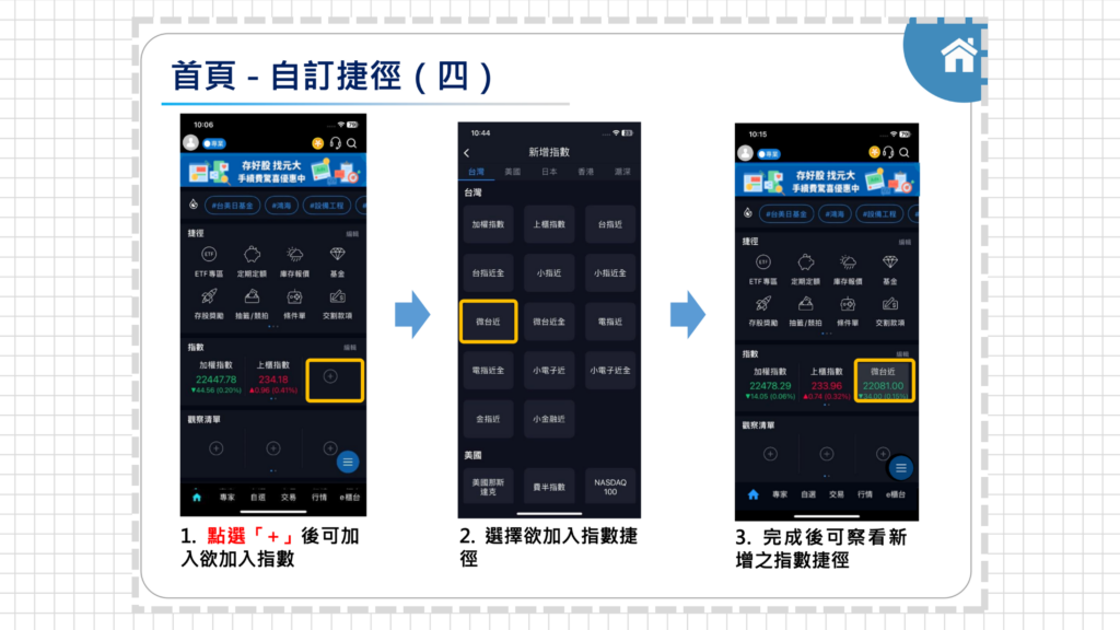 注意!這個區塊只能新增指數類商品,不能新增股票類的商品喔!